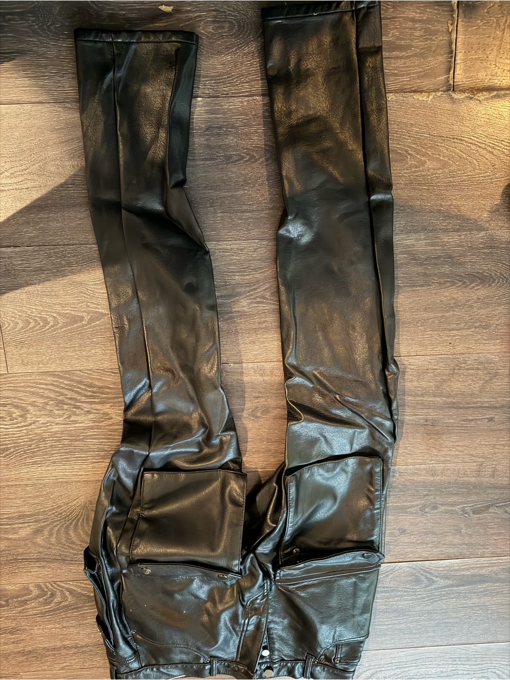 Black Faux Leather Cargo Pants